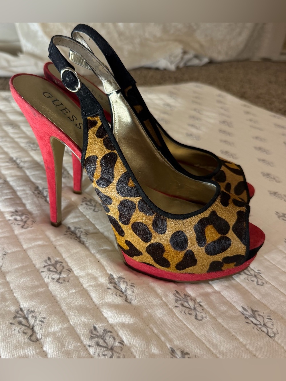 GUESS Leopard Print Pony Hair Red Platform Heels Size 8